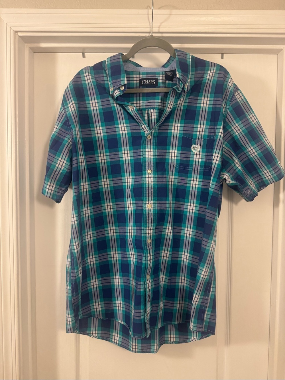 Chaps Teal & Navy Plaid Short-Sleeve Button-Down Shirt